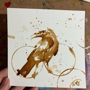Original Raven Coffee Painting Art Bird Artwork Handmade Wall Decor cottage core